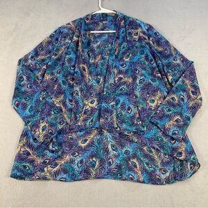 Women’s Peacock Feather Print Open Front Cascade Sheer Blouse, Long Sleeves